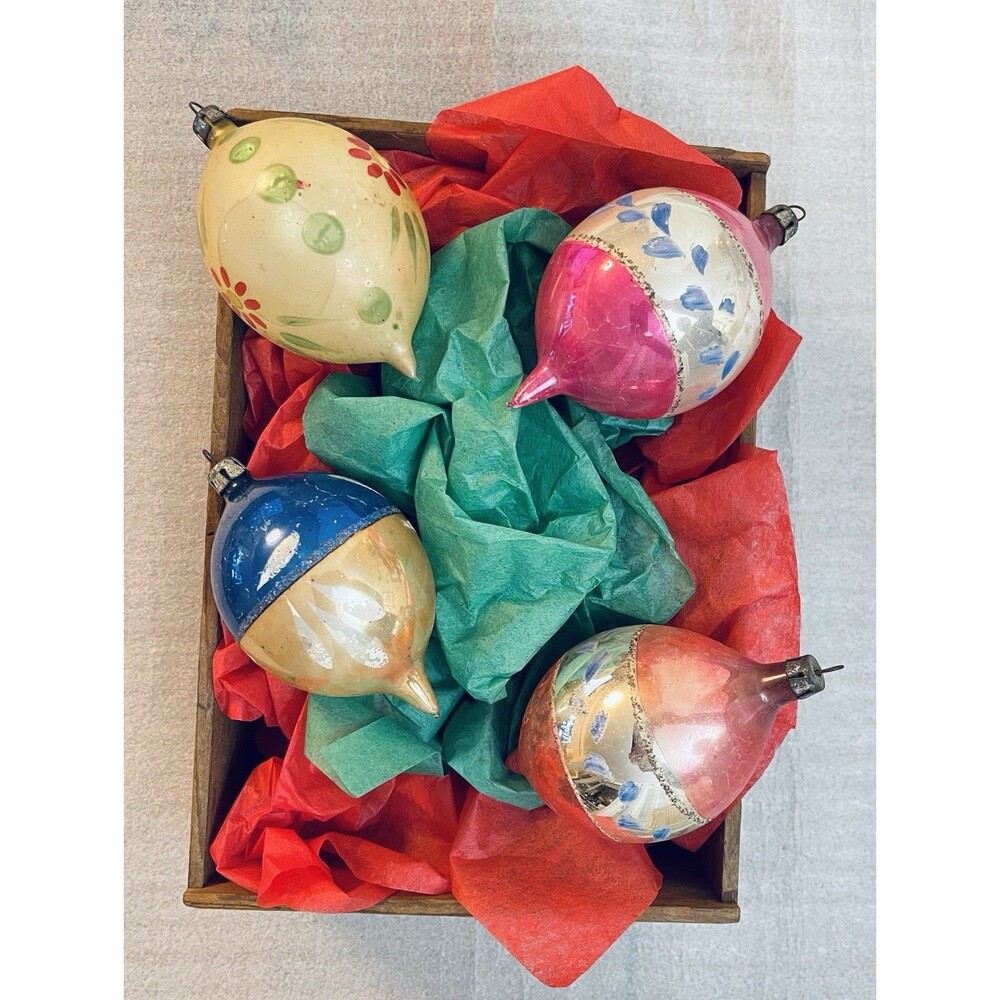 VTG Poland Teardrop Mercury Glass Ornaments Lot Pointed Finial Christmas 3.75"